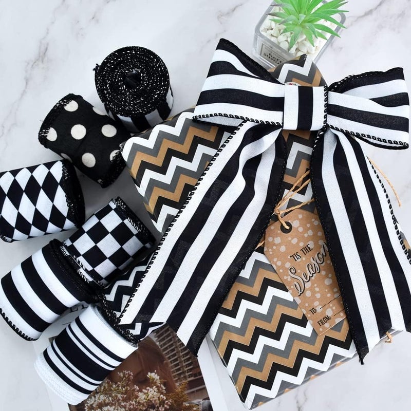 TONIFUL 2.5 Inch Black and White Wired Edge Ribbon, Striped Burlap Ribbon, Blakc White Wired Ribbon for Gift Wrapping, Wreath Bows Making, Crafts Home Party Christmas Tree Decoration（Striped，6yds） - Image 5